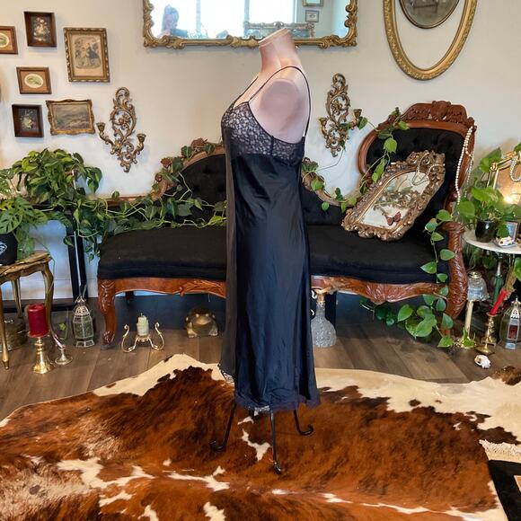 Vintage Barbizon Lace V-Neck Maxi Slip Dress silk lingerie night gown Black - Picture 2 of 5